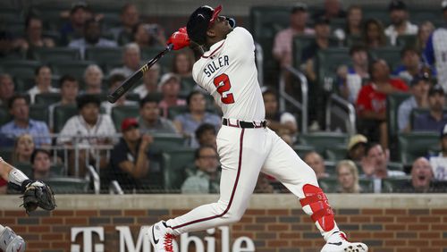 Atlanta Braves pinch hitter Jorge Soler (2) flies out during the ninth inning against the Philadelphia Phillies at Truist Park, Wednesday, August 21, 2024, in Atlanta. The Atlanta Braves lost 3-2. (Jason Getz / AJC)
