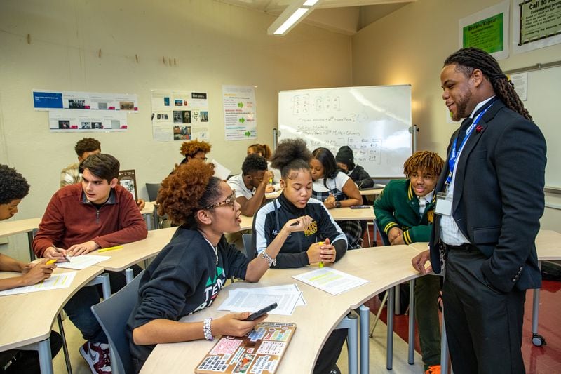 Maynard Jackson High School teacher Rashad Brown during an AP African American Studies class in 2023.