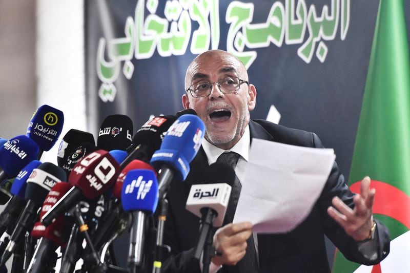 Presidential candidate of the Movement of Society for Peace (MSP), Hassani Cherif Abdelaâli, speaks at a press conference after the presidential elections results were announced, Monday, Sept. 9, 2024, in Algiers, Algeria. After being declared the winner of Algeria's election, President Abdelmadjid Tebboune joined his two challengers in criticizing the country's election authority for announcing results that contradicted earlier turnout figures and local tallies. (AP Photo/Fateh Guidoum)