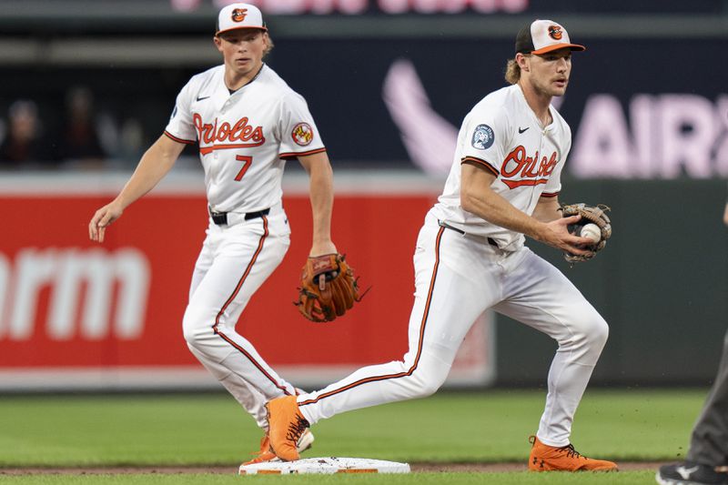 Baltimore Orioles second baseman Jackson Holliday (7) looks on after tossing the ball to shortstop Gunnar Henderson, right, to make a double play during the second inning of a baseball game against the Chicago White Sox, Wednesday, Sept. 4, 2024, in Baltimore. (AP Photo/Stephanie Scarbrough)