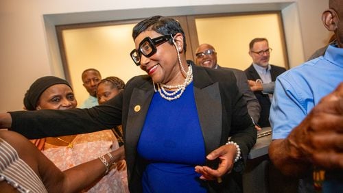 Lorraine Cochran-Johnson is elected DeKalb County CEO Tuesday, June 18, 2024.  Cochran-Johnson, the first African American women elected to the position, celebrates with her supporters at Hotel Spice & Sky Atlanta Perimeter in Chamblee.  (Jenni Girtman for The Atlanta Journal-Constitution)