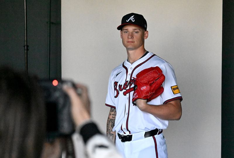 Atlanta Braves pitcher AJ Smith-Shawver poses for a photograph during the team's photo day at CoolToday Park, Friday, Feb. 23, 2024, in North Port, Florida. (Hyosub Shin / Hyosub.Shin@ajc.com)