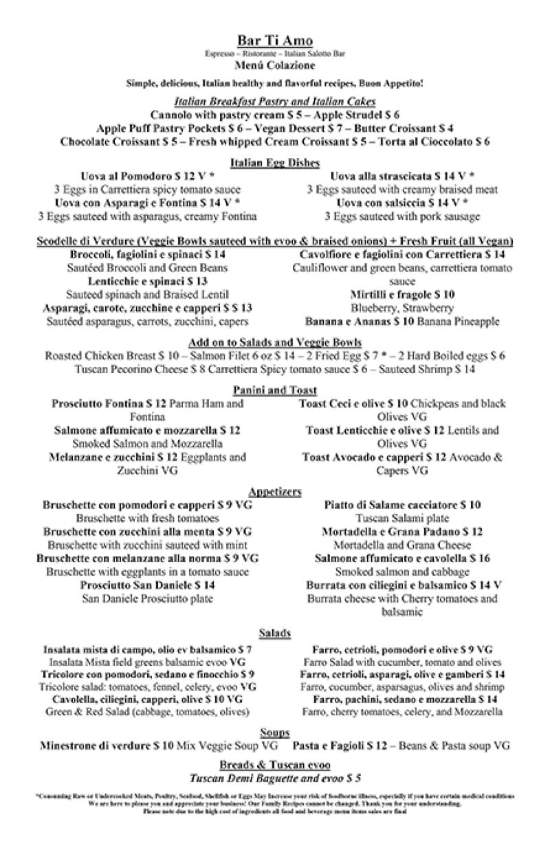 Bar Ti Amo menu