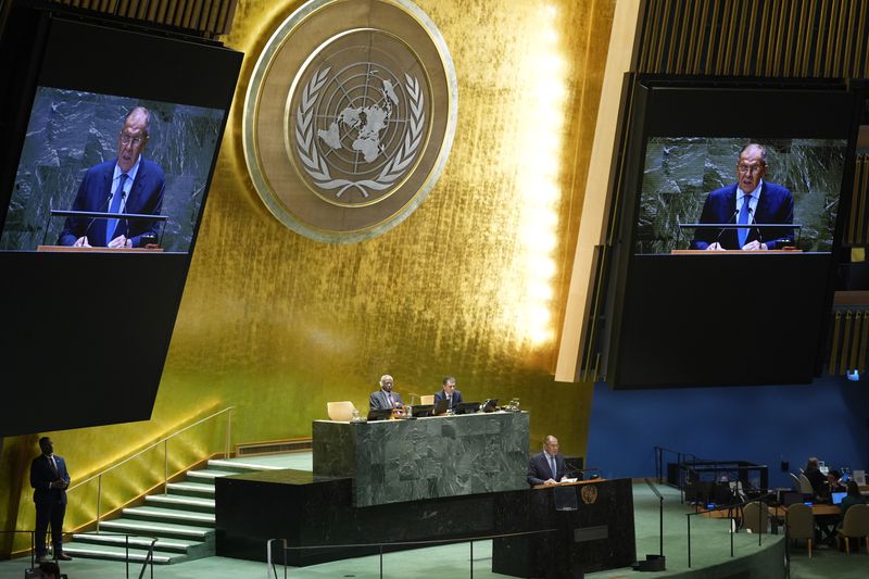 Russia's Minister for Foreign Affairs Sergey Lavrov addresses the 79th session of the United Nations General Assembly, Saturday, Sept. 28, 2024. (AP Photo/Pamela Smith)