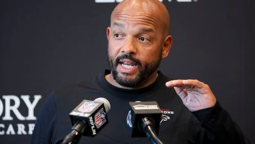 Falcons defensive coordinator Jimmy Lake speaks to members of the media at the Atlanta Falcons Practice Facility, Wednesday, February 14, 2024, in Flowery Branch, Ga. (Jason Getz / jason.getz@ajc.com)