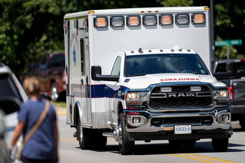 An ambulance departs Apalachee High School after a shooting at the school, Wednesday, Sept. 4, 2024, in Winder, Ga. (AP Photo/Mike Stewart)