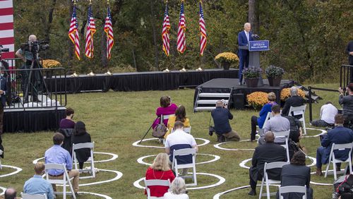 10/27/2020 - Democratic Presidential nominee and former Vice President Joe Biden speaks to a socially distant crowd during a rally at Mountain Top Inn &Resort in Warm Springs, Tuesday, October 27, 2020. (Alyssa Pointer / Alyssa.Pointer@ajc.com)