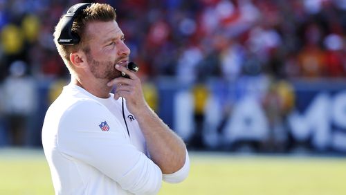 Rams head coach Sean McVay looks on during the fourth quarter against the Tampa Bay Buccaneers Sept. 29, 2019,  at Los Angeles Memorial Coliseum in Los Angeles.