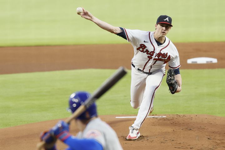 Braves starting pitcher Kyle Wright (30) delivers to a New York Mets batter in the first inning of a baseball game on Saturday, Oct. 1, 2022. Miguel Martinez / miguel.martinezjimenez@ajc.com
 
