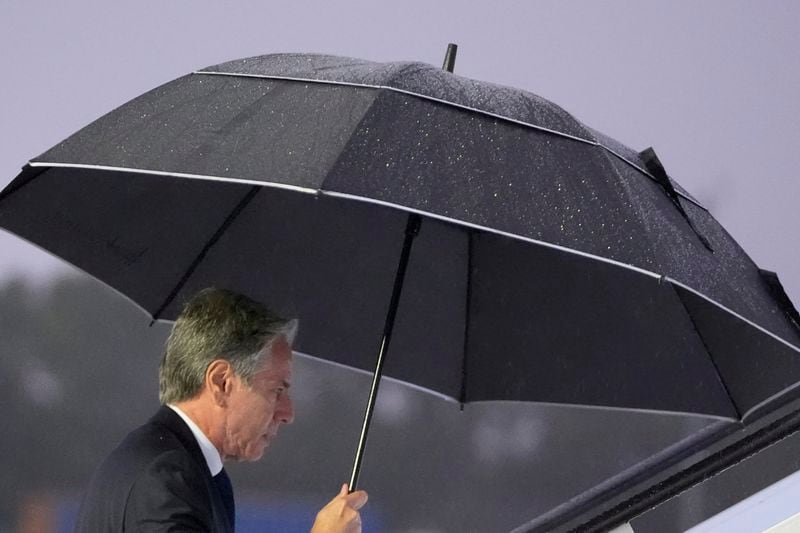 U.S. Secretary of State Antony Blinken prepares to depart by plane from London's Stansted Airport outside London, Tuesday, Sept. 10, 2024. (AP Photo/Mark Schiefelbein, Pool)