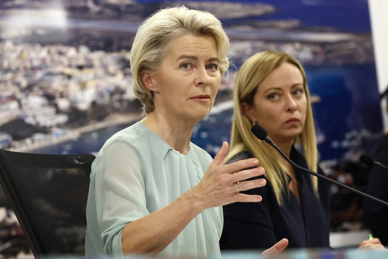 FILE - The President of the European Commission, Ursula von der Leyen, left, and Italy's Premier Giorgia Meloni, right, address the media during a joint press conference on Sept. 17, 2023. It seemed like a throwaway line by European Commission President Ursula von der Leyen, yet it encapsulated what is at stake for many in this week's European Union parliamentary elections — What to do with the hard right? And should it be trusted? (Cecilia Fabiano/LaPresse via AP)