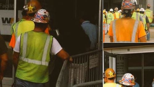 Confederate symbols worn on hard hats at the Mercedes-Benz Stadium construction site are creating controversy. (Credit: Channel 2 Action News)