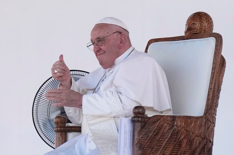 Pope Francis gives an address during meeting with young people in the Sir John Guise Stadium in Port Moresby, Papua New Guinea, Monday, Sept. 9, 2024. (AP Photo/Mark Baker)