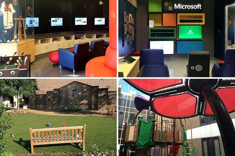 Scenes from Children's Hospital of Atlanta at Scottish Rite, clockwise from top left: The Zone TV viewing area; the gaming center; Brody's Playground; the small ball field.