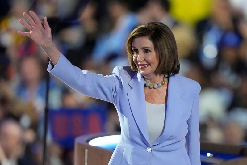 Rep. Nancy Pelosi, D-CA, speaks during the Democratic National Convention Wednesday, Aug. 21, 2024, in Chicago. (AP Photo/Charles Rex Arbogast)