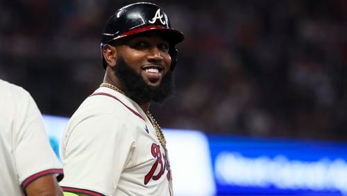 Atlanta Braves designated hitter Marcell Ozuna reacts after walking during the eighth inning against the New York Mets at Truist Park, Tuesday, Sept. 24, 2024, in Atlanta. (Jason Getz / AJC)

