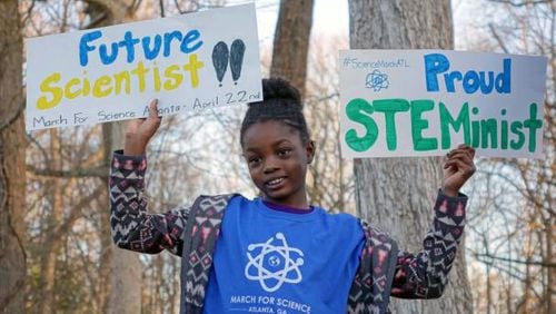 Jayda, the daughter of the 2017 Atlanta March for Science organizer and Emory microbiologist Jasmine Clark, showed her enthusiasm for science last year.