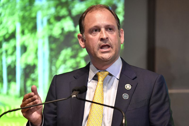 Rep. Andy Barr, R-Ky., speaks before a gathering to celebrate the 25th anniversary of the Kentucky Bourbon Trail at the Frazier History Museum in Louisville, Ky., Thursday, June 20, 2024. (AP Photo/Timothy D. Easley)