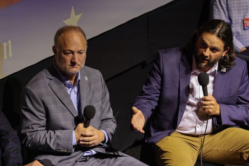 From left to right: Macon Mayor Lester Miller and Macon Mayor Pro Tem Seth Clark participated in a taping of the "Politically Georgia" podcast in Macon on Thursday.