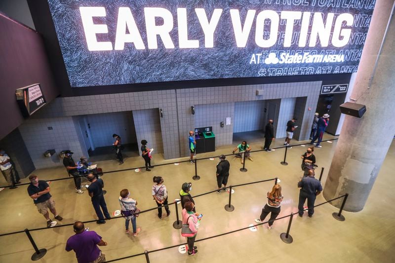 State Farm Arena's marquee billboard greets voters Monday, Oct. 12, 2020, the first day of early voting at the downtown Atlanta arena. (John Spink/John.Spink@ajc.com)