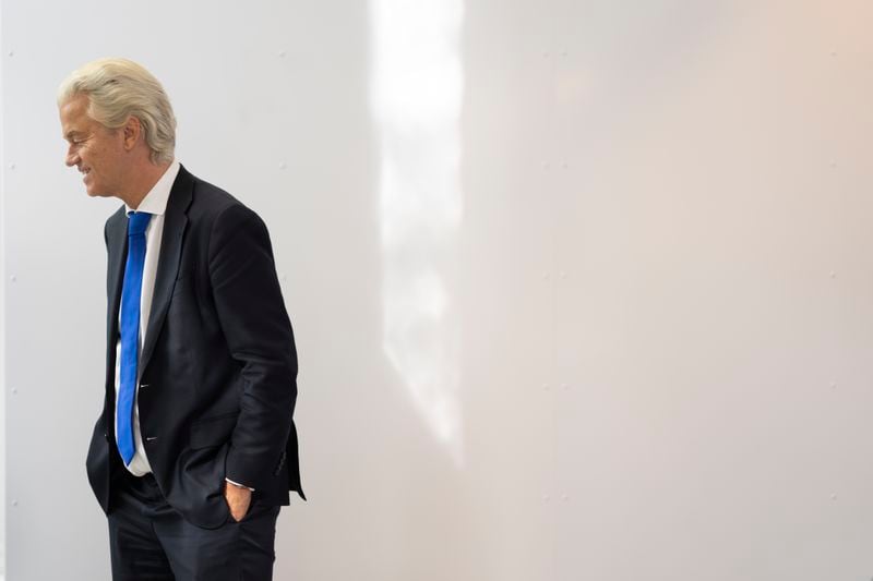 Anti-Islam lawmaker Geert Wilders leaves after answering questions following the verdict against two Pakistani men convicted of threatening Wilders, at the high security court at Schiphol, near Amsterdam, Netherlands, Monday, Sept. 9, 2024. (AP Photo/Peter Dejong)