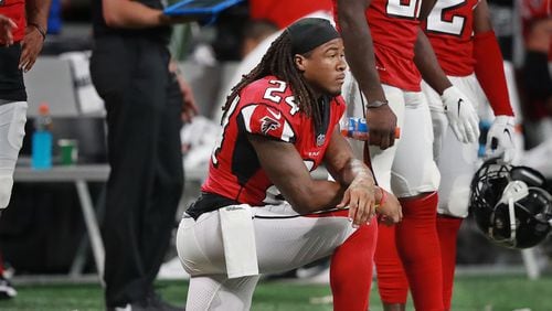 Devonta Freeman, who did not play in the game, watches during second half action against the Chiefs in a NFL preseason game on Friday, August 17, 2018, in Atlanta.  Curtis Compton/ccompton@ajc.com