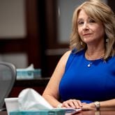 Plaintiff Alicia Adams sits in Cobb Superior Court on Thursday, June 20, 2024, regarding her candidate disqualification lawsuit. On July 25, the judge ruled that the county's map is unconstitutional and the primary elections must be redone to allow her to qualify and run for office. (Ben Hendren for the Atlanta Journal-Constitution)