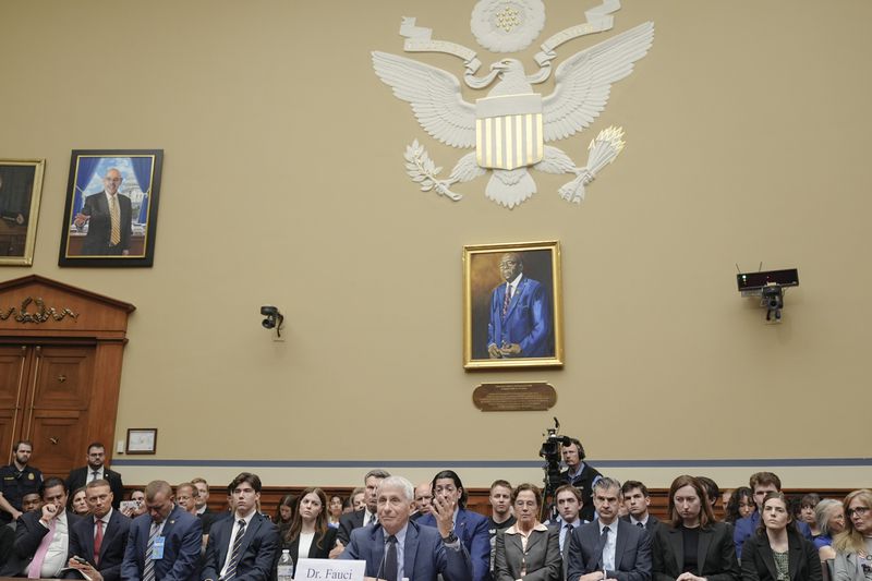 Dr. Anthony Fauci, former Director of the National Institute of Allergy and Infectious Diseases, center, testifies during a House Select Subcommittee on the Coronavirus pandemic at Capitol Hill, Monday, June 3, 2024, in Washington. (AP Photo/Mariam Zuhaib)