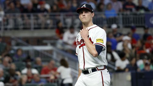 Braves starting pitcher Kyle Wright (30) walks towards the dugout after being removed during the fifth against the Philadelphia inning at Truist Park on Monday, Sept. 18, 2023, in Atlanta. 
Miguel Martinez / miguel.martinezjimenez@ajc.com 