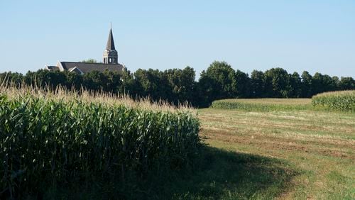 Holden Lutheran Church stands among cornfields in the farmland outside Kenyon, Minn, on Sept. 1, 2024. (AP Photo/Giovanna Dell'Orto)