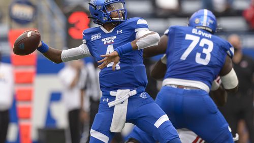 Georgia State quarterback Quad Brown sets up for a pass in the first half of his game at Center Parc Stadium in Atlanta on Saturday, September 19, 2020. PHOTO/Daniel Varnado