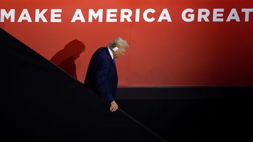 Former president Donald Trump departs Fiserv Forum in Milwaukee on Tuesday, July 16, 2024, the second day of the Republican National Convention. (Arvin Temkar / AJC)