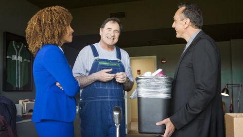 Richard Kind as Gus, Hank Azaria as Jim Brockmire, Tawny Newsome as Gabby TaylorÂ - Brockmire _ Season 3, Episode 1 - Photo Credit: Kim Simms/IFC