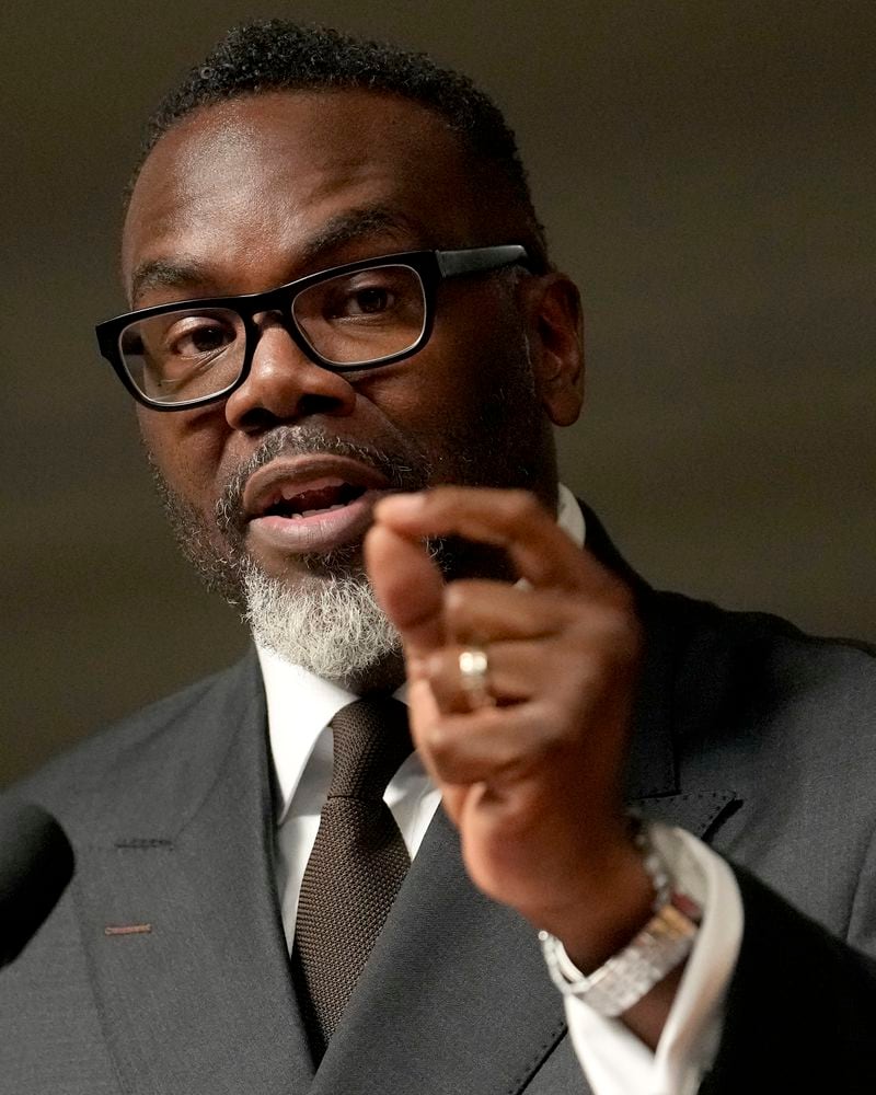 Chicago Mayor Brandon Johnson responds to a question during a news conference where he introduced six of his nominees to the Chicago Board of Education on Monday, Oct. 7, 2024, in Chicago. (AP Photo/Charles Rex Arbogast)