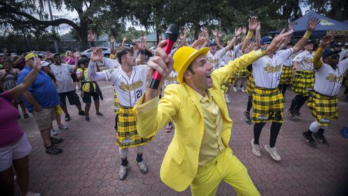 Savannah Bananas owner Jesse Cole, center, will watch his team play Saturday night at Boston's Fenway Park in a homecoming for Cole, who grew up nearby and has a long list of Fenway memories. (AJC Photo/Stephen B. Morton)