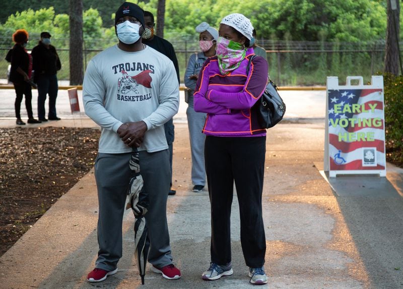 People stand in line to vote at the South Fulton Service Center early on Friday morning, May 22, 2020. STEVE SCHAEFER FOR THE ATLANTA JOURNAL-CONSTITUTION