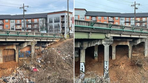 A sturdy homeless encampment has been built over the years under a bridge on Cheshire Bridge. The other side of this bridge had a fire last week, causing the road above it to be closed until engineers determine if the structure is safe. At left is what the underside of the bridge looked like on Dec. 22, 2023 and at right is what the bridge looked like on Jan. 2, 2024, after the encampment was removed. (Bill Torpy/bill.torpy@ajc.com)