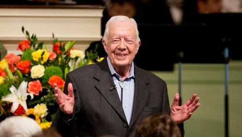 FILE - Former President Jimmy Carter teaches Sunday School class at the Maranatha Baptist Church in his hometown of Plains, Ga., Aug. 23, 2015. (AP Photo/David Goldman)