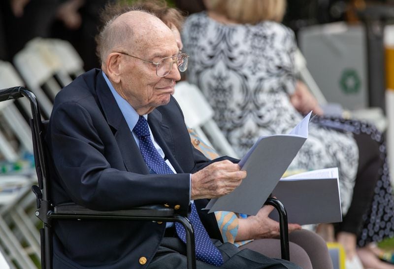 Former Oglethorpe University President Manning Pattillo waits for the start of the Class of 2022 commencement ceremony on May 21, 2022. Pattillo died June 2, 2024, at the age of 104. (Steve Schaefer / steve.schaefer@ajc.com)