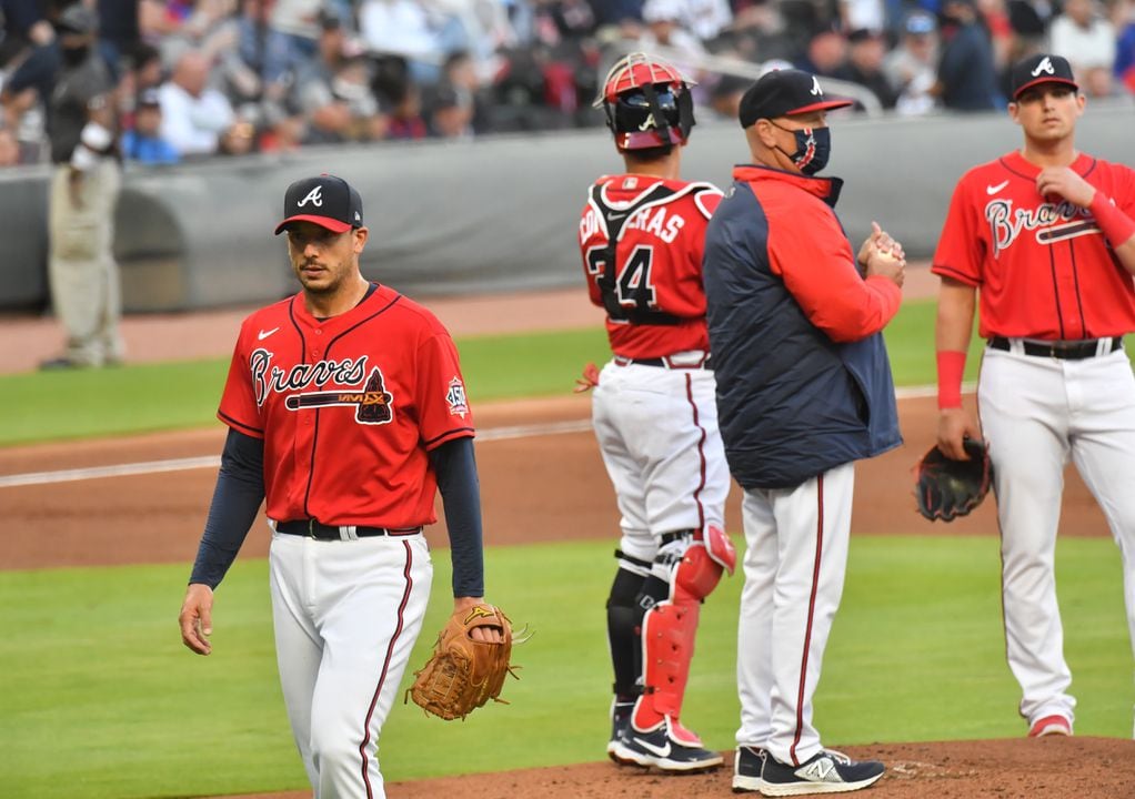 Atlanta, United States. 09th Apr, 2021. Atlanta Braves starting pitcher  Charlie Morton throws in the first inning of their Opening Day against the  Philadelphia Phillies at Truist Park in Atlanta on Friday