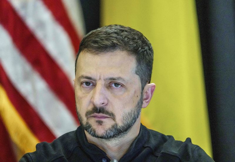 Ukrainian President Volodymyr Zelenskyy takes part in the Ukraine Contact Group meeting at Ramstein Air Base, Friday, Sept.6, 2024. (Andreas Arnold/dpa via AP)