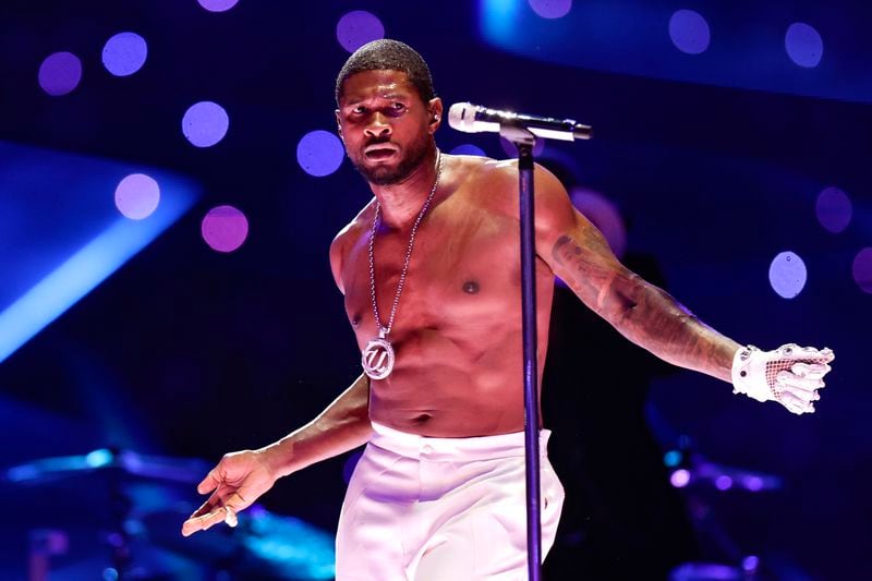 Usher performs during  halftime of Super Bowl LVIII on Sunday, Feb. 11, 2024, at Allegiant Stadium in Las Vegas. (L.E. Baskow/Las Vegas Review-Journal/TNS)