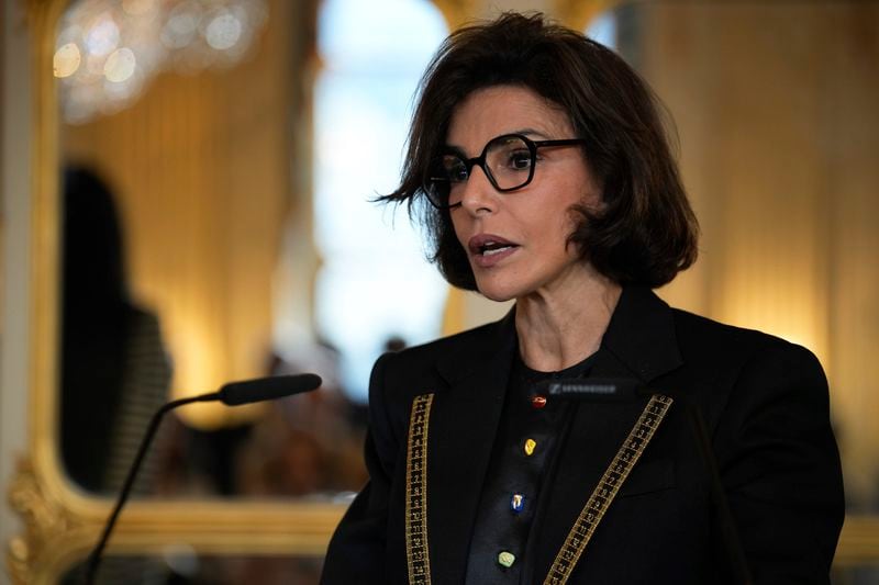 French Culture Minister Rachida Dati delivers a speech after she awarded Naomi Campbell with the medal of "Chevalier de l'Ordres des Arts et des Lettres", at the Culture ministry, in Paris, Thursday, Sept. 26, 2024. (AP Photo/Louise Delmotte)