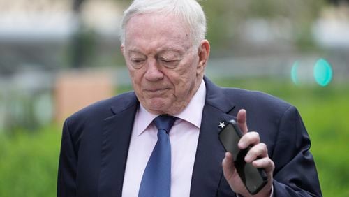 Dallas Cowboys owner Jerry Jones arrives at federal court Tuesday, June 18, 2024, in Los Angeles. Jones is testifying in a class-action lawsuit filed by "Sunday Ticket" subscribers claiming the NFL broke antitrust laws. (AP Photo/Damian Dovarganes)