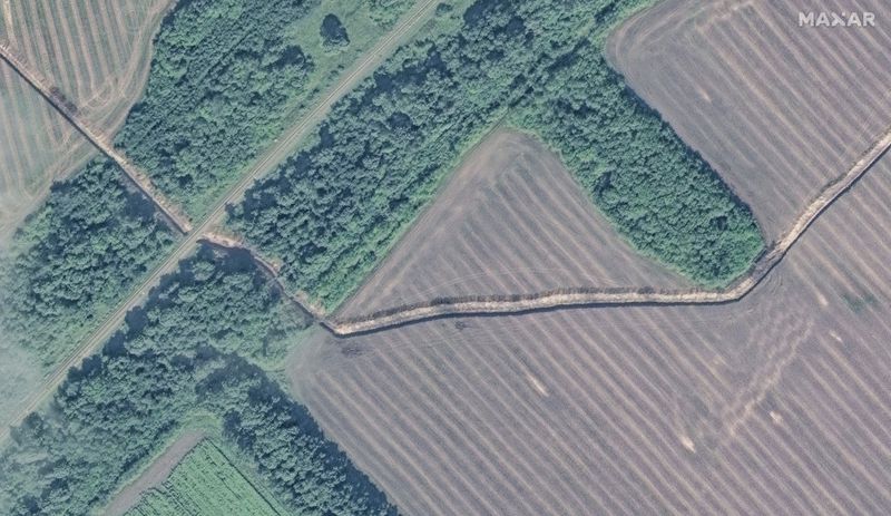 This image released by Maxar Technologies shows a trenchline southeast of Selektsionnyi, Russia, Monday Aug. 12, 2024. (Satellite image ©2024 Maxar Technologies via AP)