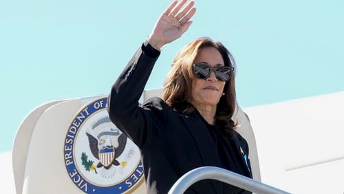 Democratic presidential nominee Vice President Kamala Harris boards Air Force Two at LaGuardia Airport in East Elmhurst, N.Y., Wednesday, Sept. 11, 2024. (AP Photo/Jacquelyn Martin)