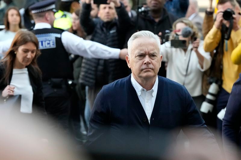 Huw Edwards an ex-BBC news presenter arrives at Westminster Magistrate's Court for sentencing after he pleaded guilty to three counts of making indecent images of children in London, Monday, Sept. 16, 2024. (AP Photo/Frank Augstein)