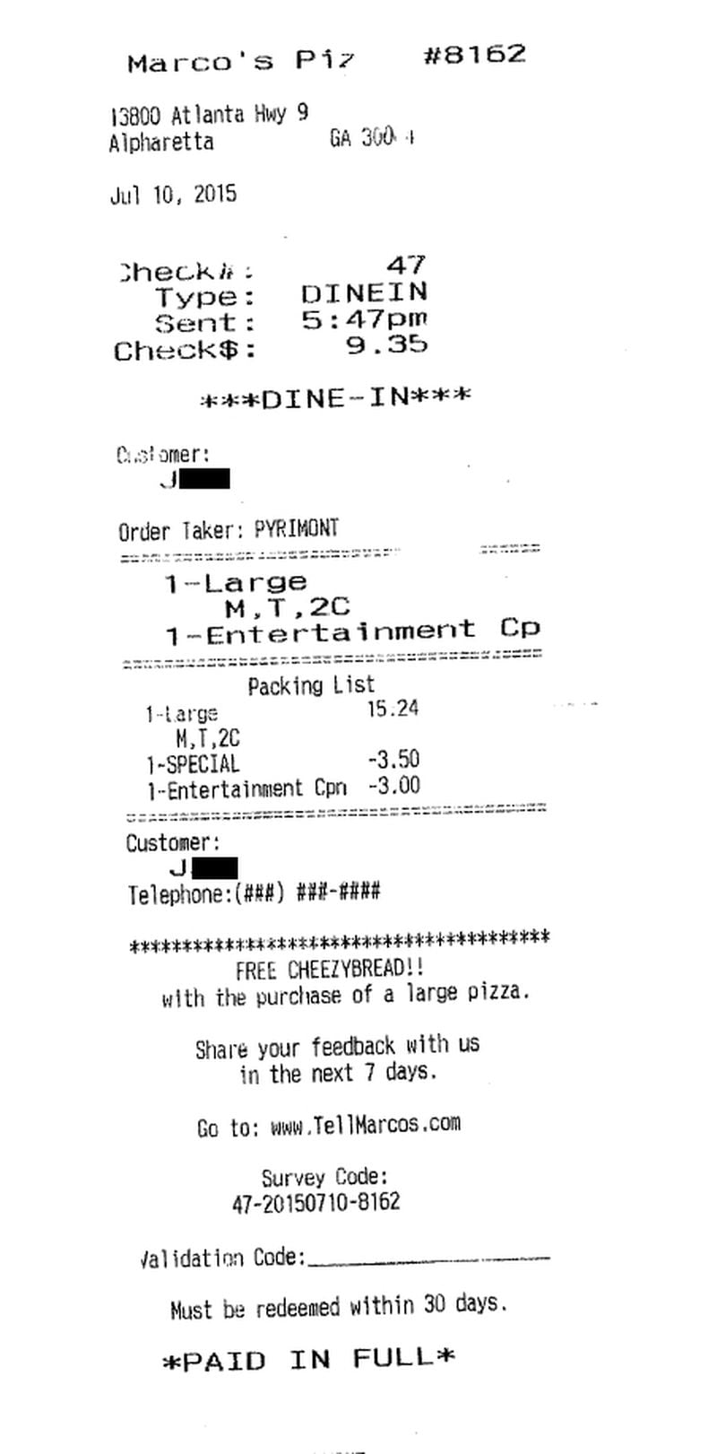 A copy of the receipt allegedly showing the derogatory term, provided by the customer’s attorney, Michael R. Braun. (The AJC has redacted the term.)