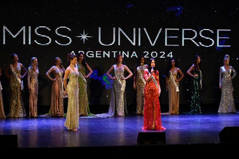 Contestant Alejandra Rodriguez, right center, competes in the Argentina Miss Universe pageant, in Buenos Aires, Argentina, Saturday, May 25, 2024. The 60-year-old lawyer is hoping to make history by becoming the oldest Miss Universe contestant. (AP Photo/Gustavo Garello)