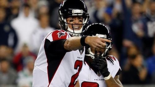 Atlanta Falcons quarterback Matt Ryan during an NFL football game against the New England Patriots at Gillette Stadium in Foxborough, Mass. Sunday, Oct. 22, 2017. (Winslow Townson/AP Images for Panini)